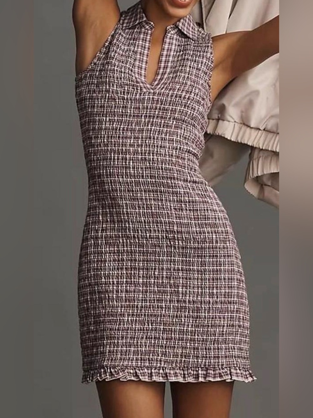 PILCRO smocked gingham Sleeveless Collared Summer Dress ruffled trim - Picture 3 of 11